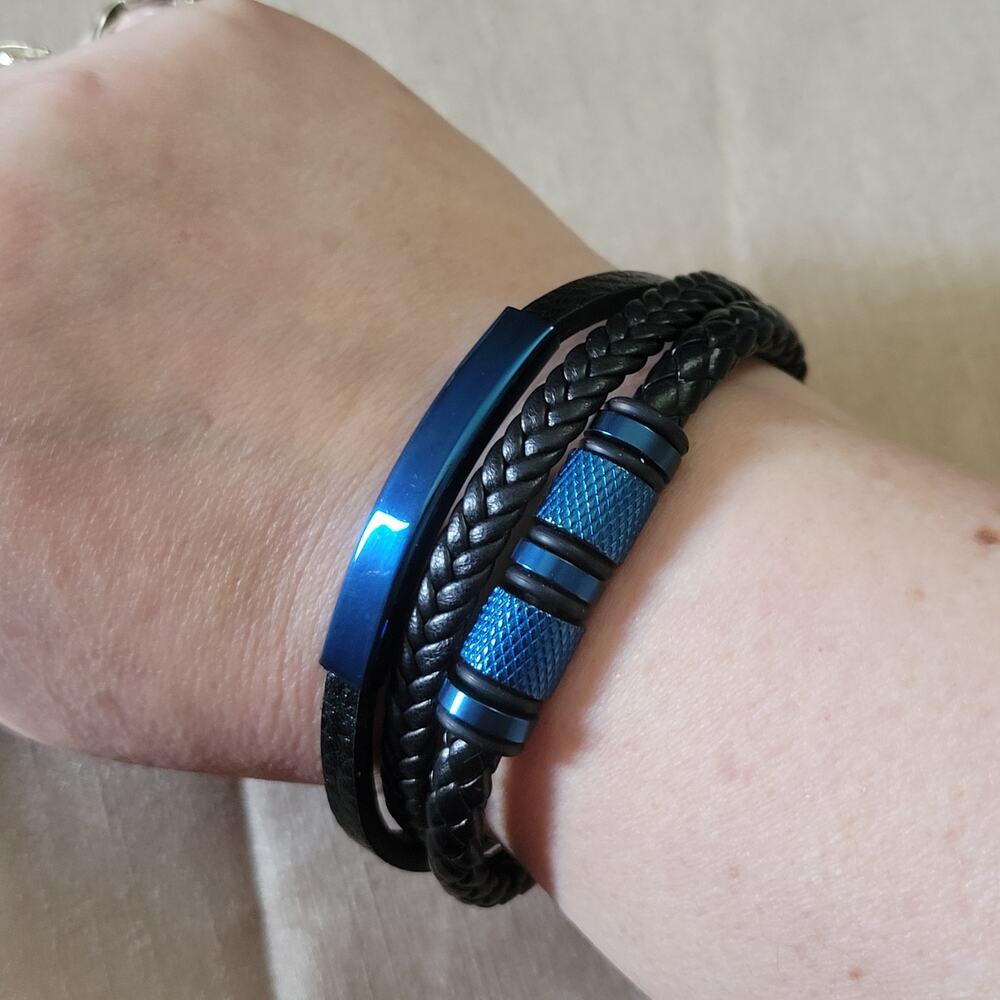 Blue stainless steel & black faux leather layered beaded bracelet magnetic clasp